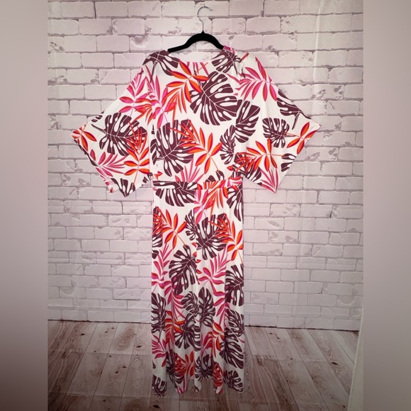 G by Giuliana Pink and Orange Tropical Print Leaf Maxi Dress Summer Stretchy - Picture 3 of 8